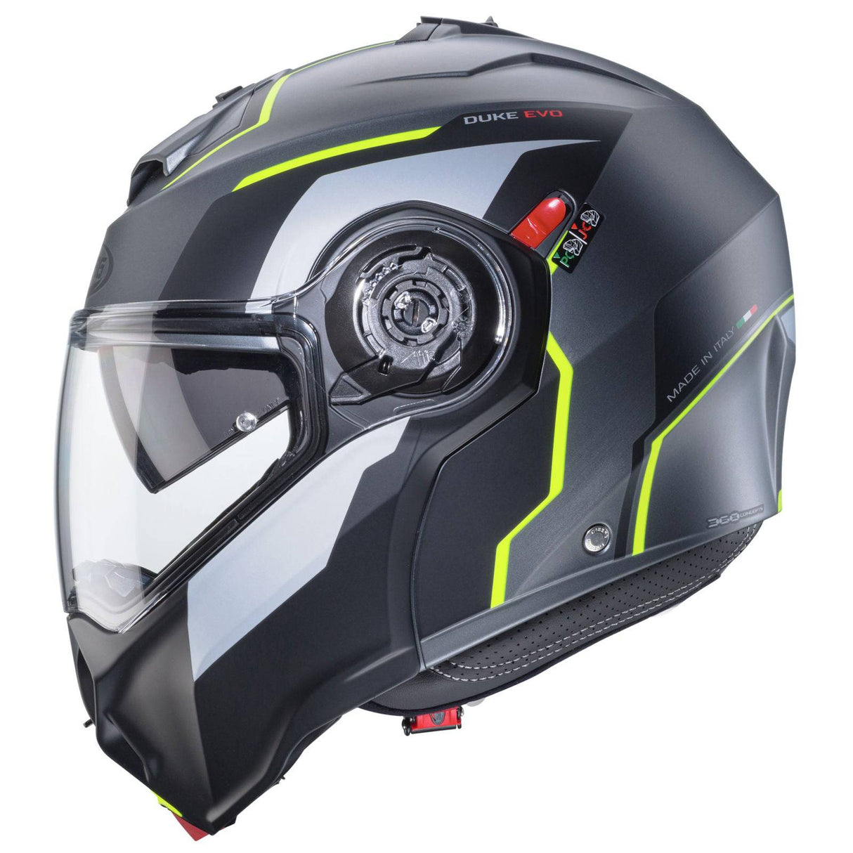 Matt-gun metallic und schwarz-fluo-gelb Caberg Duke Evo Move Klapphelm, mit Visier und Belüftung für Motorradfahrer