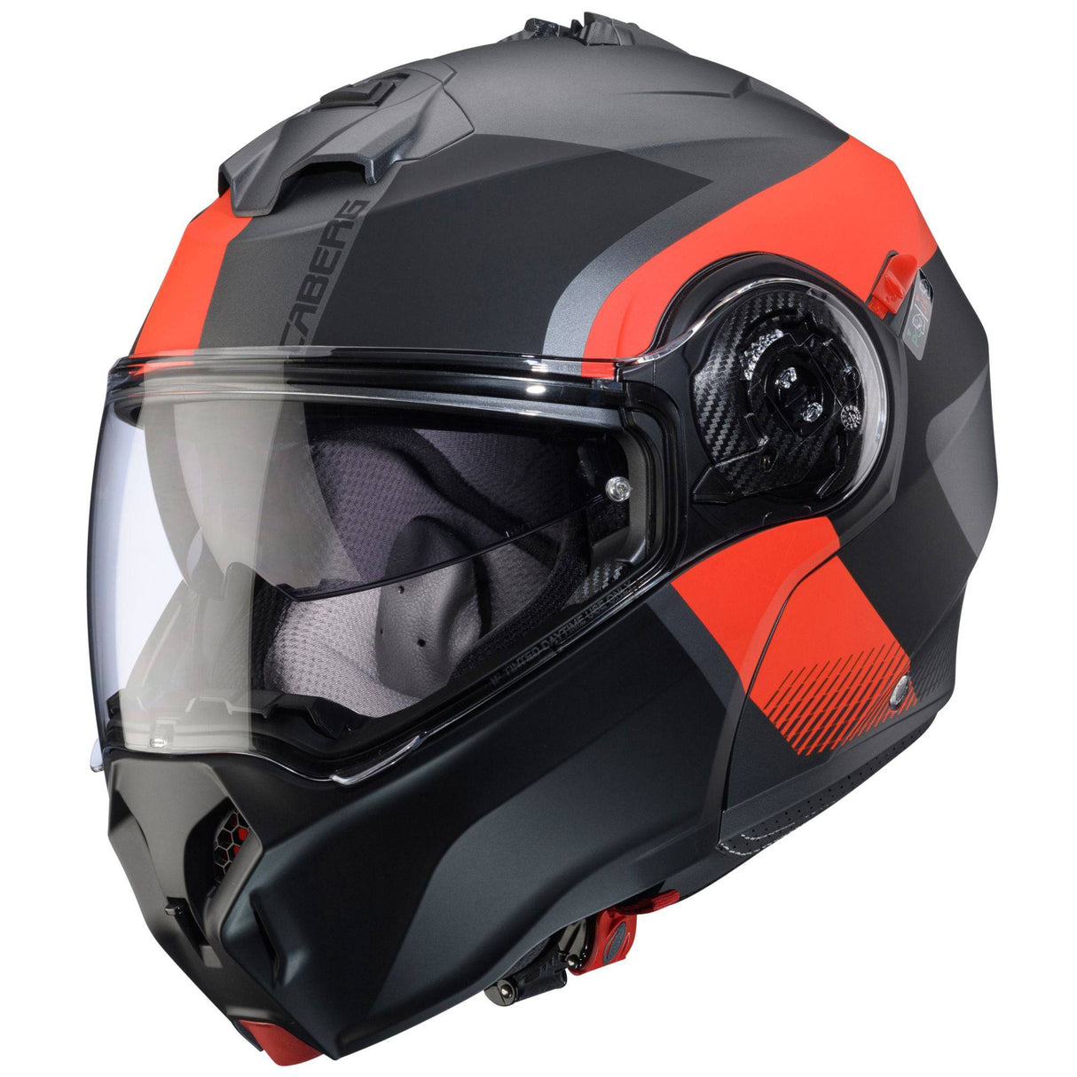 Matt-gun metallic und schwarz-rot Caberg Duke Evo Indy Klapphelm, mit Belüftung und Visier, detailreiche Ansicht