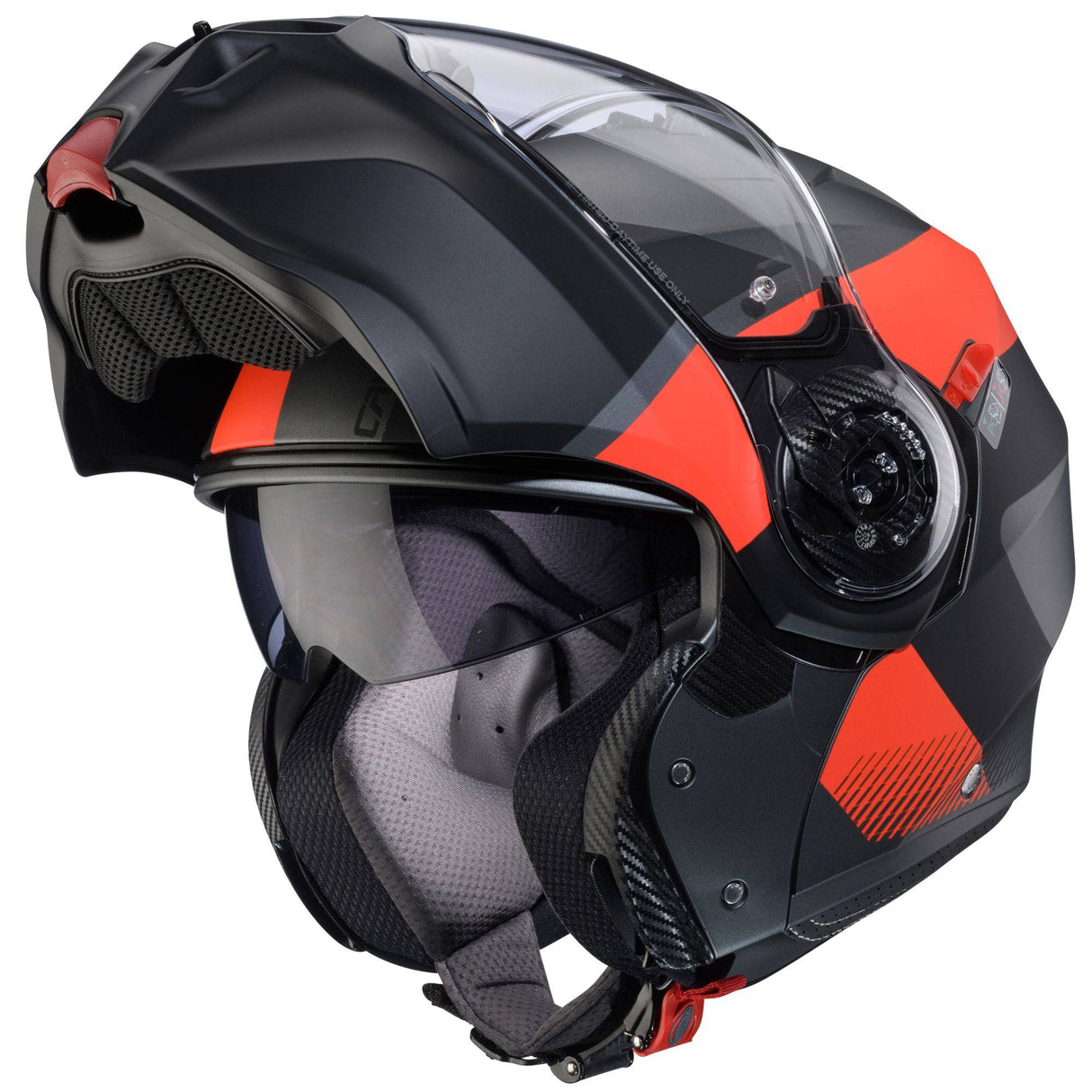 Matt-gun metallic schwarzer Klapphelm von Caberg Duke Evo Indy mit roten Akzenten, robustes Design und bequemer Passform
