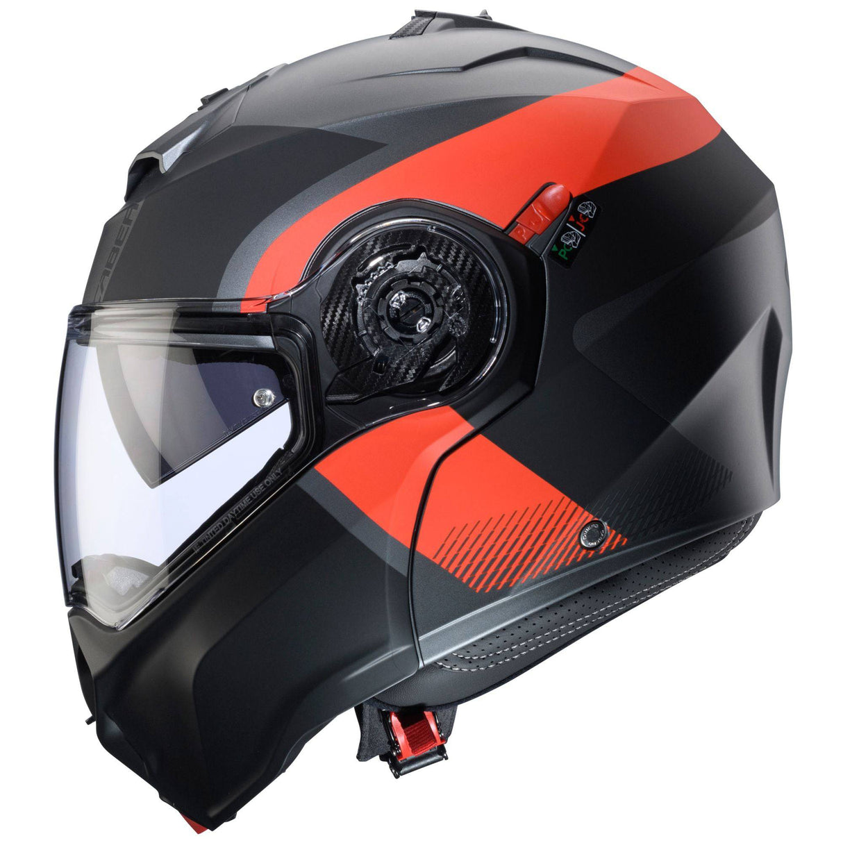Matt-gun metallic und schwarz-rot Caberg Duke Evo Indy Klapphelm, mit sichtbarem Visier und aerodynamischem Design.