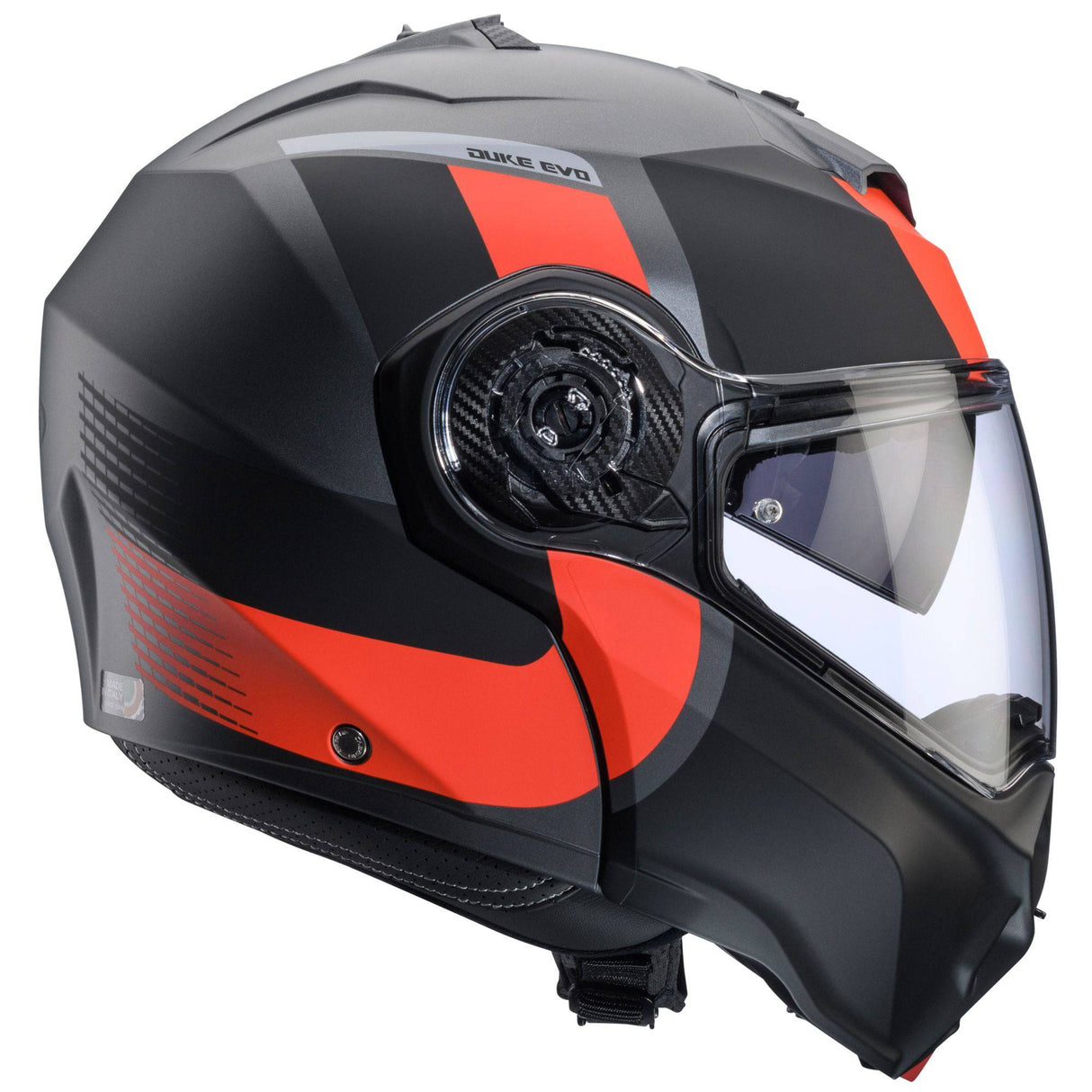 Matt-grauer und schwarz-rote Caberg Duke Evo Indy Klapphelm mit metallic Akzenten, Sichtfenster und komfortabler Passform.