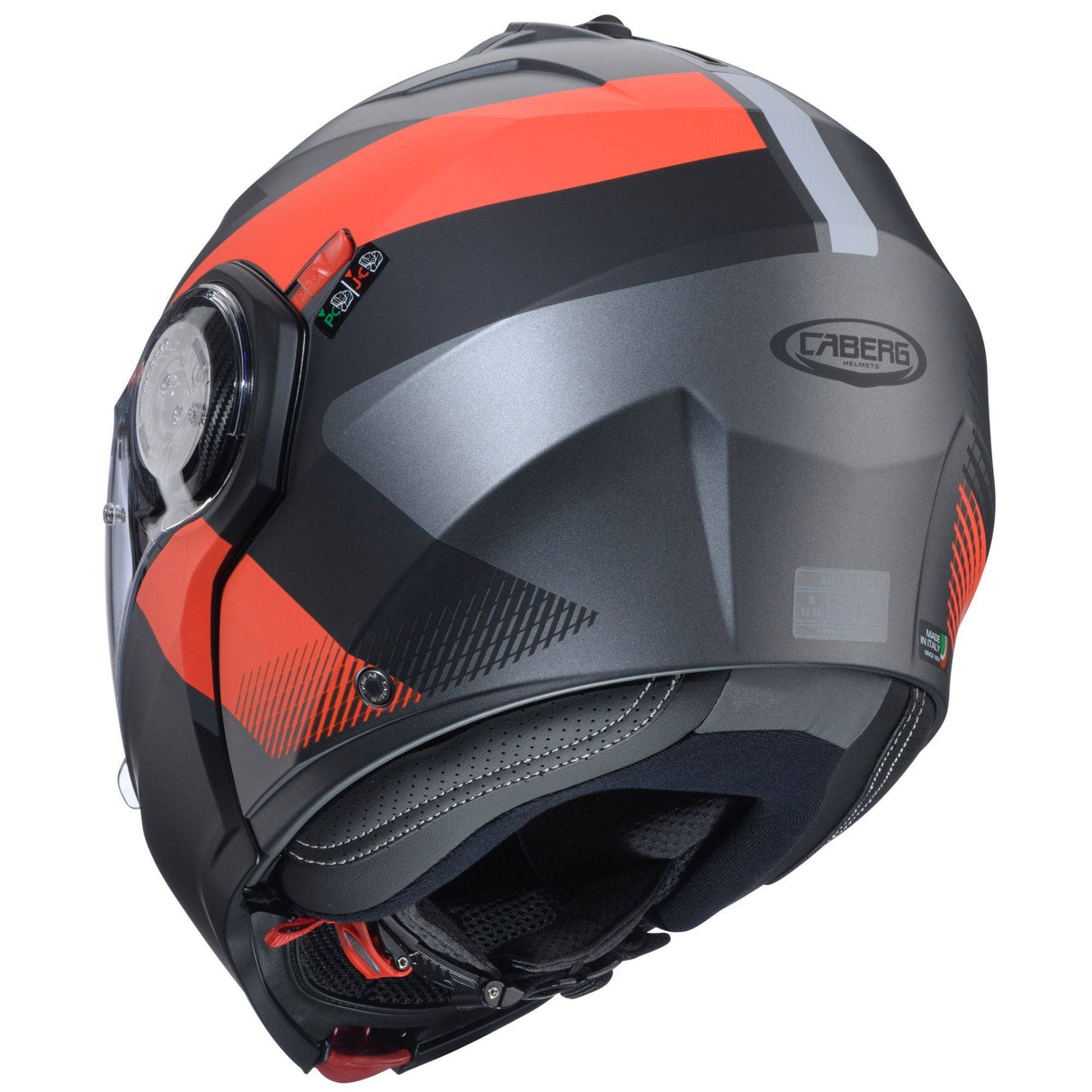 Matte gun metallic und schwarz-rot Caberg Duke Evo Indy Klapphelm, sichtbare Helmschale mit Belüftung und Visier.
