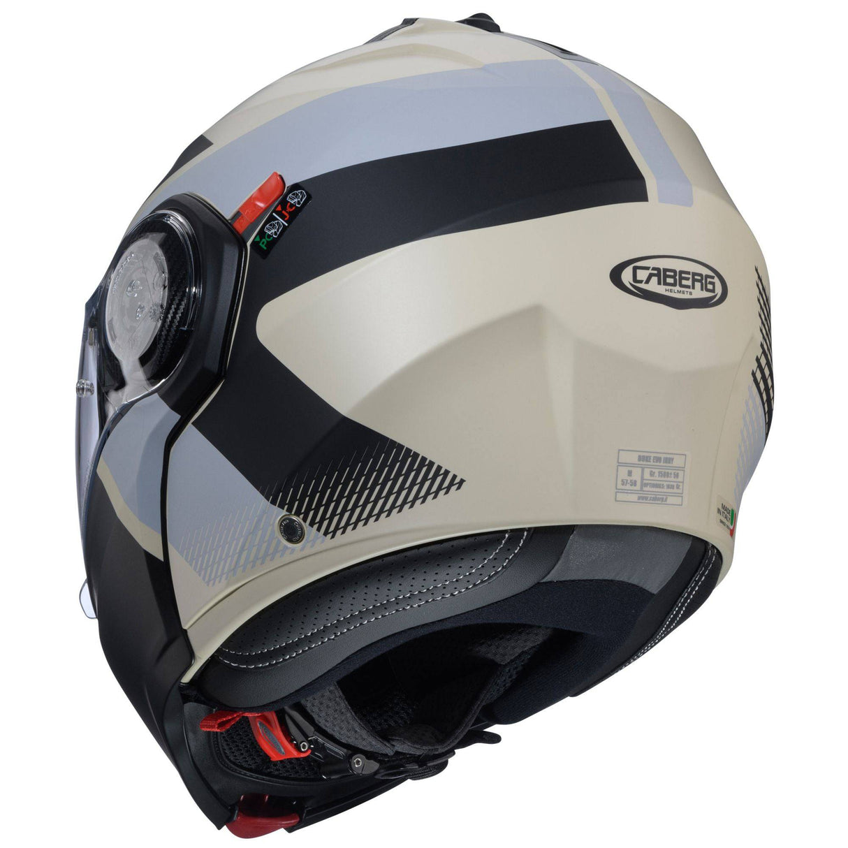 Matte sand/black-gray Caberg Duke Evo Indy Klapphelm mit stilvollem Design und sicherer Passform, sichtbar auf dem Helm.