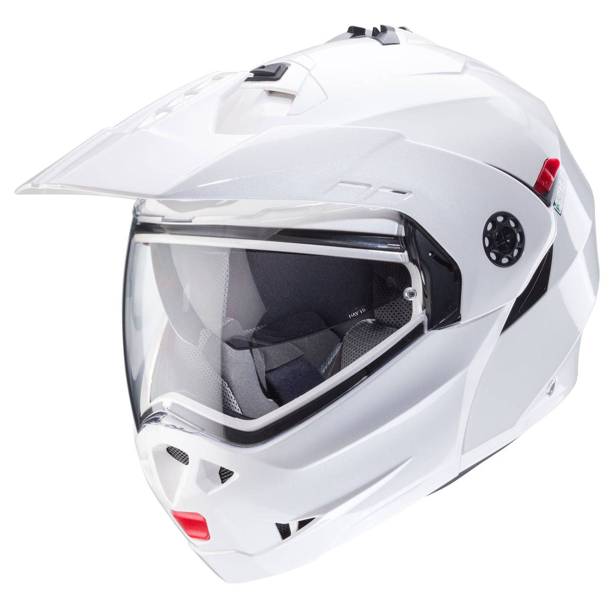 Weißer metallicer Caberg Tourmax X Klapphelm mit sichtbarer Visiermechanik und Belüftungsöffnungen.