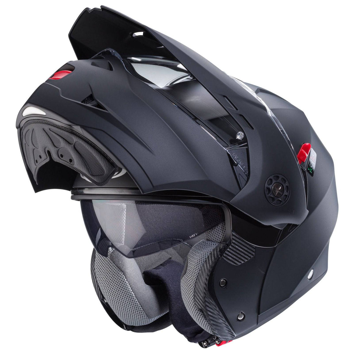 Matt-schwarzer Caberg Tourmax X Klapphelm mit Visier und aerodynamischem Design, ideal für Komfort und Sicherheit beim Motorradfahren.