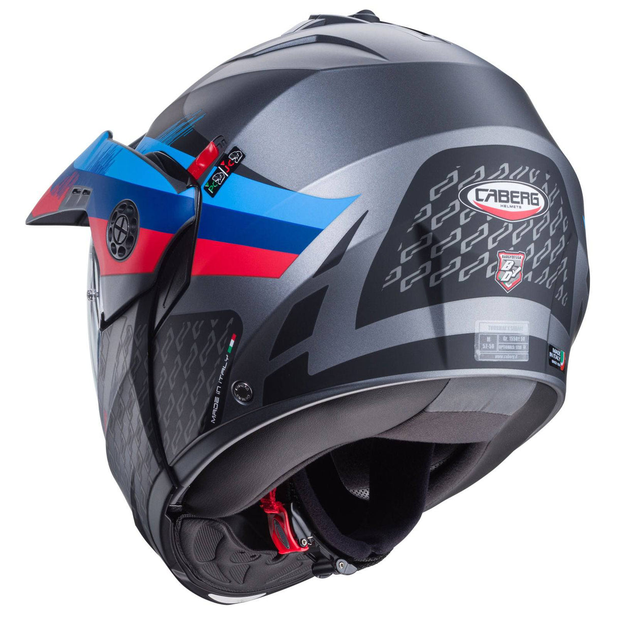 Matt-gun metallic Caberg Tourmax X Sarabe Klapphelm mit Schwarz-Blau-Rot Design, sichtbarer Helm mit Belüftungsöffnungen und Visier