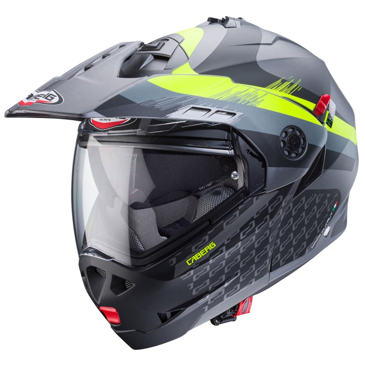 Caberg Tourmax X Sarabe Klapphelm in mattem Gunmetal mit Schwarz und Fluo-Gelb, modernes Motorradhelm mit Visier und Belüftung