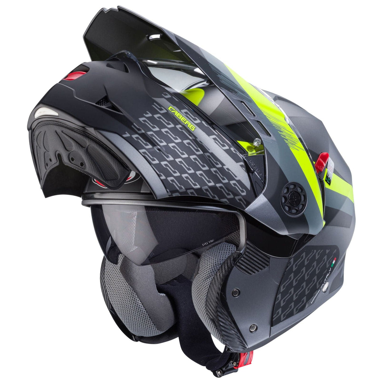 Matte Caberg Tourmax X Sarabe Klapphelm in gun metallic und schwarz-fluo-gelb, mit sichtbaren Belüftungsöffnungen und Visier.