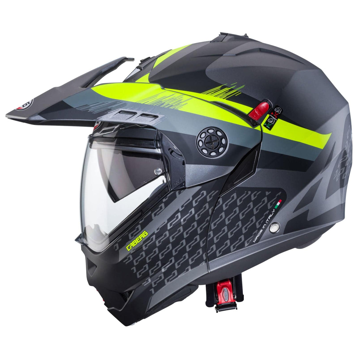 Matte-gun metallic und schwarz-fluo-gelb Klapphelm von Caberg Tourmax X Sarabe, mit Sichtfenster und Belüftungsöffnungen.