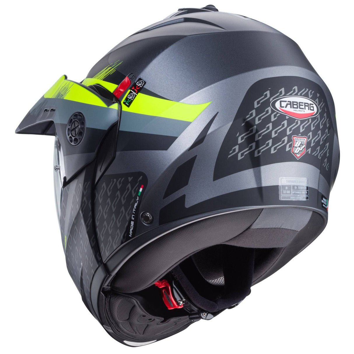 Kaberg Tourmax X Sarabe Klapphelm in mattem Gunmetal, Schwarz, Fluo-Gelb mit sichtbaren Belüftungsöffnungen und reflektierenden Details