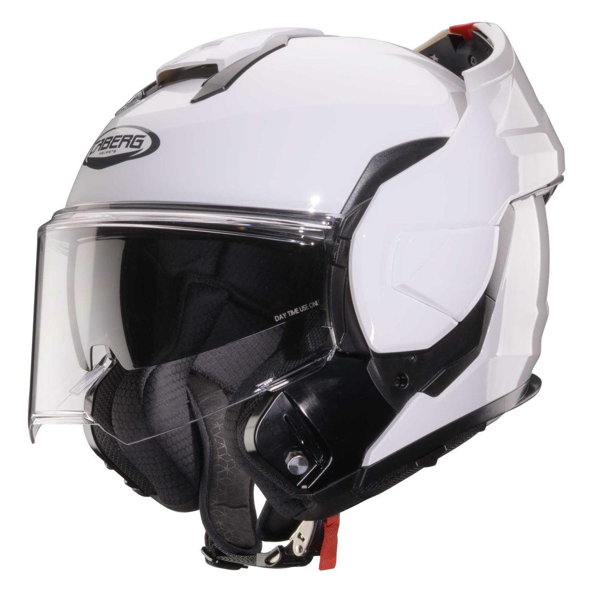 Weißer Caberg Klapphelm Trip, zeigt die aerodynamische Form und das klappbare Visier, ideal für Motorradfahrer.