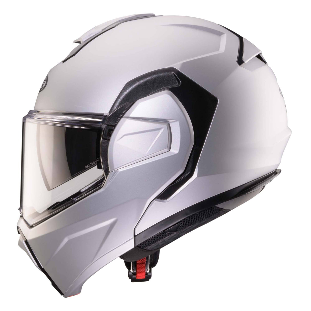 Matt silberner Caberg Klapphelm Trip mit geöffnetem Visier und komfortabler Innenausstattung.