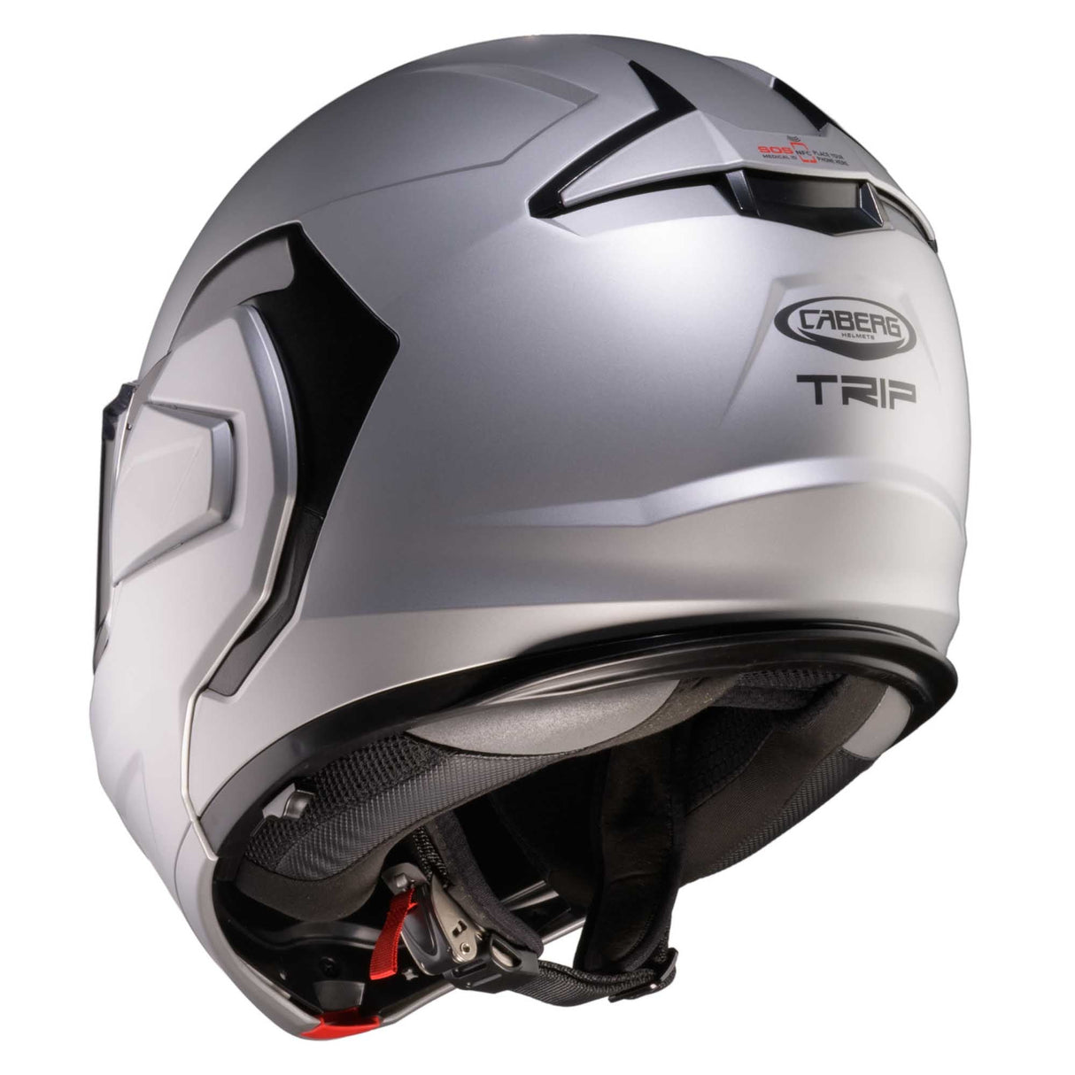 Matt-silberner Caberg Klapphelm Trip mit Visier und Belüftungsöffnungen, komfortabler Motorradhelm für sichere Fahrten.
