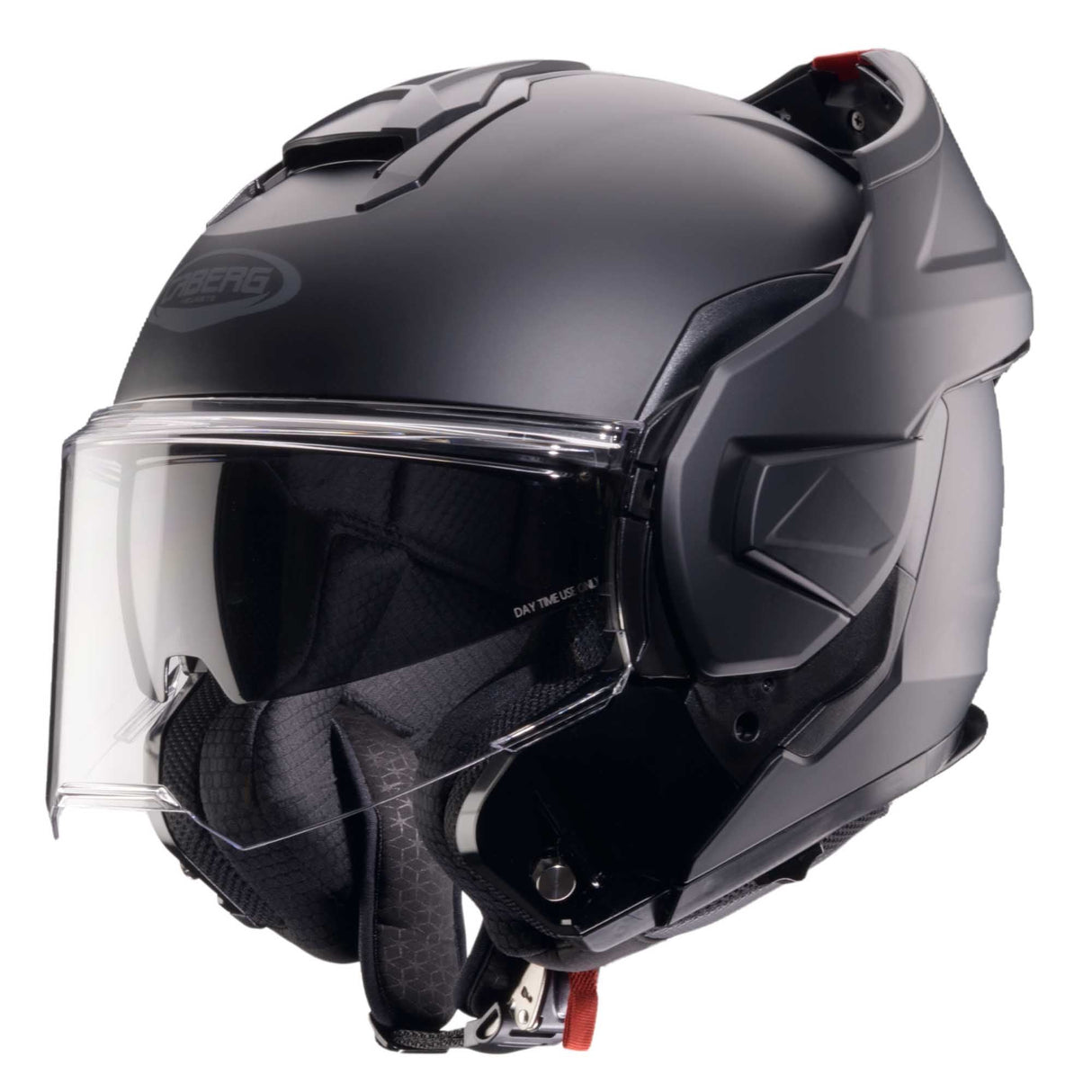 Mattschwarzer Caberg Klapphelm Trip mit klappbarem Visier und bequemer Passform, ideal für Motorradfahrer.
