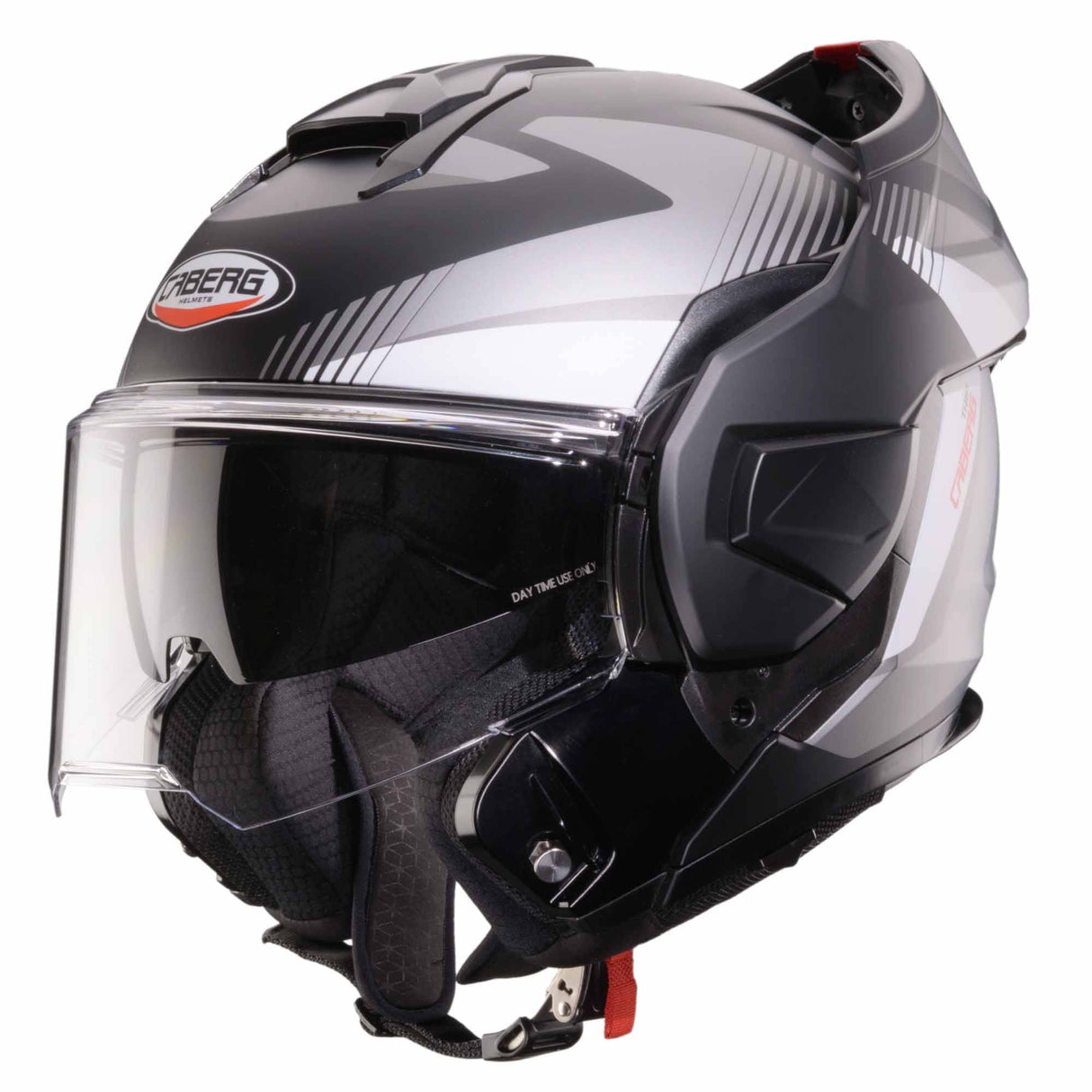 Mattschwarzer Caberg Klapphelm Trip Lunar mit grauen und weißen Details, sichtbare Innenseite und Belüftungsöffnungen.