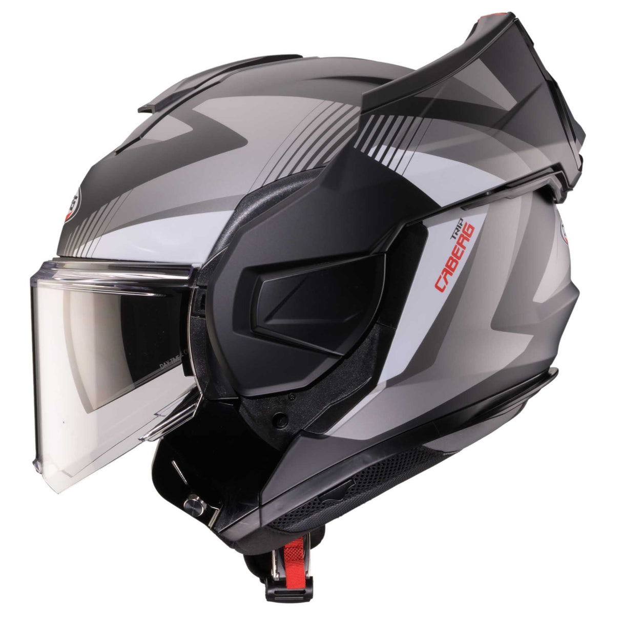 Schwarzer, grauer und weißer Klapphelm von Caberg Trip Lunar in mattschwarz und Anthrazit, mit klarer Sichtscheibe.