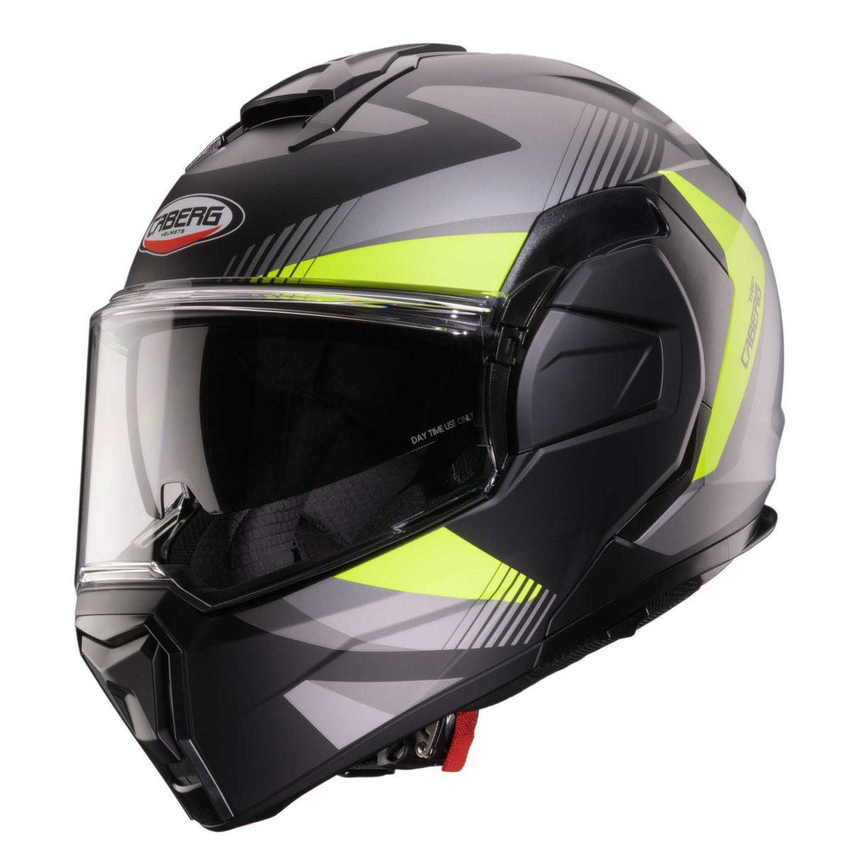 Matt-schwarzer Caberg Klapphelm Trip Lunar mit anthrazit, Fluo-Gelb Akzenten, sichtbarer Belüftung und sicherer Passform.