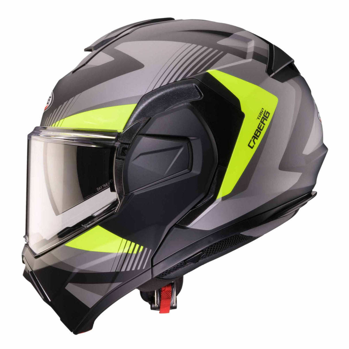 Kaberg Trip Lunar Klapphelm in mattschwarz, anthrazit, fluo-gelb mit sichtbarem Belüftungssystem und reflektierenden Elementen.