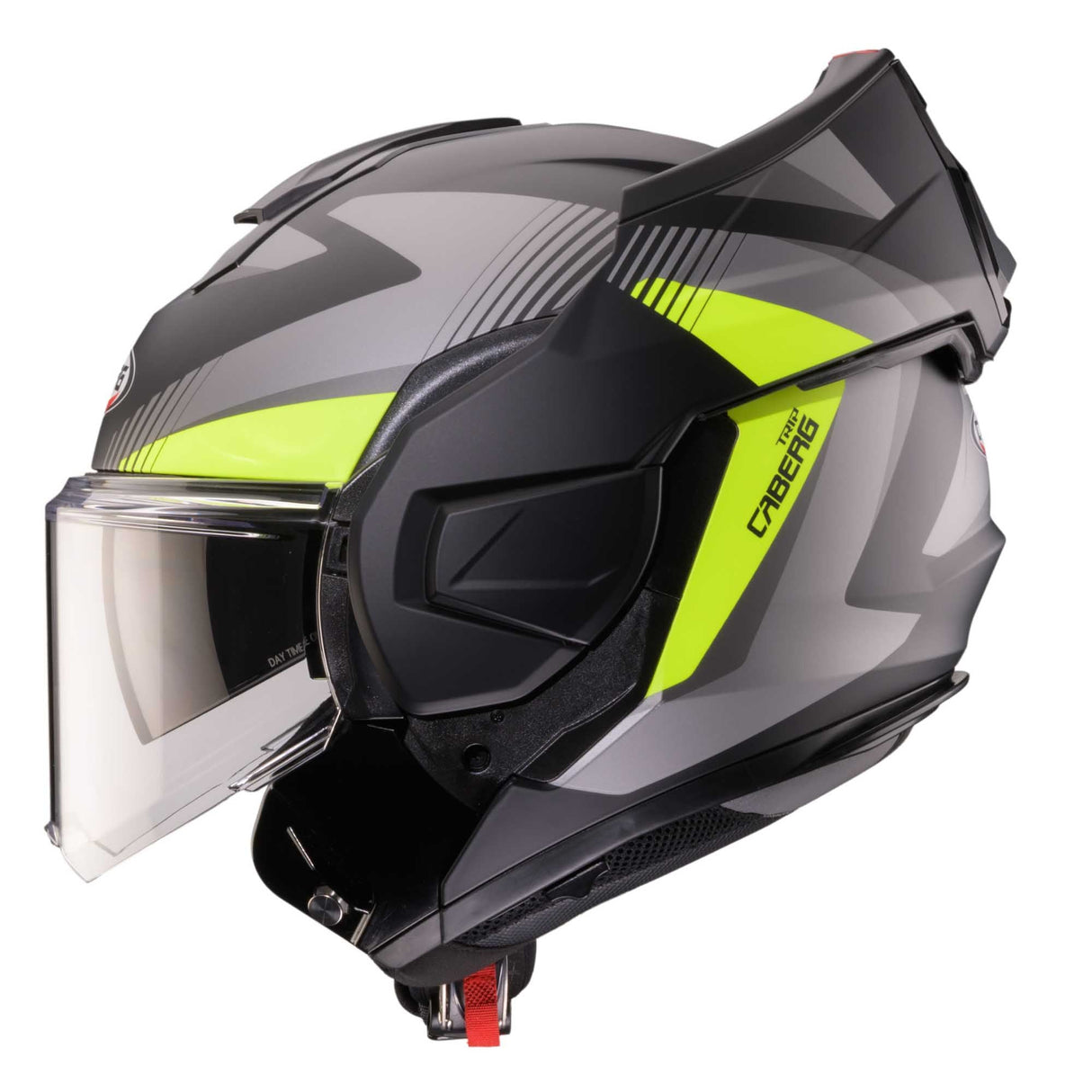 Kaberg Klapphelm Trip Lunar in mattschwarz, anthrazit, mit gelben Fluo-Details, zeigt den Helm mit offenem Visier und sicherem Verschluss.