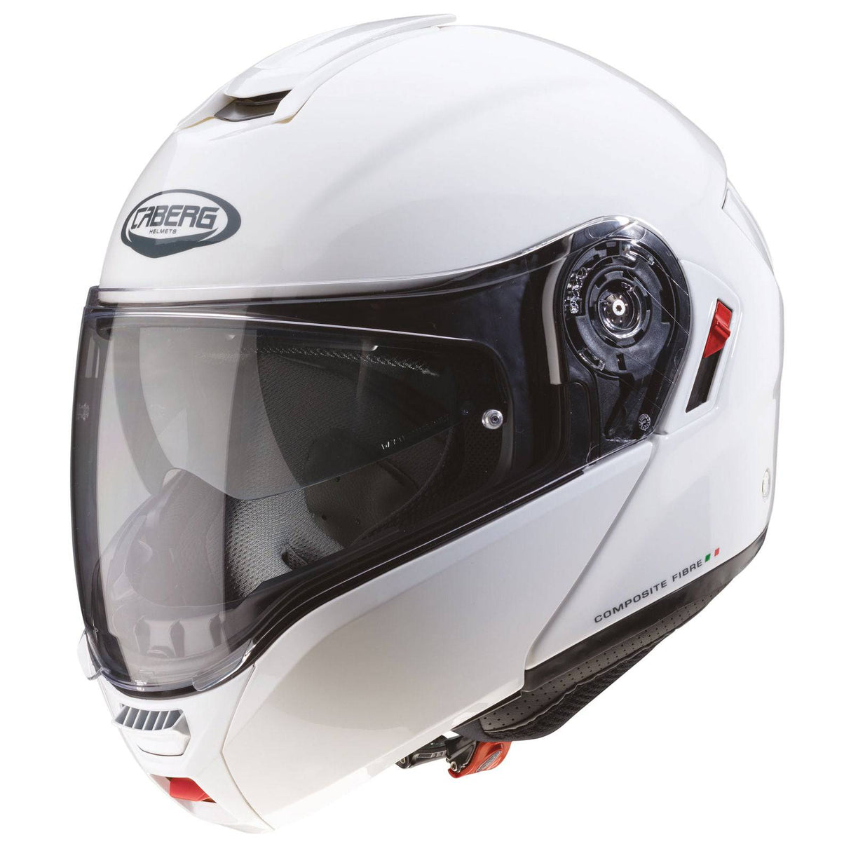 Metallischer weißer Caberg Levo X Klapphelm, leichtes Design und sichere Passform, sichtbares Visier und Belüftungsöffnungen.