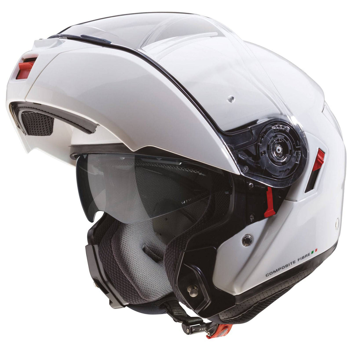 Weißer metallicer Caberg Levo X Klapphelm mit Visier und Belüftungsöffnungen, frontal sichtbar auf dem Bild.