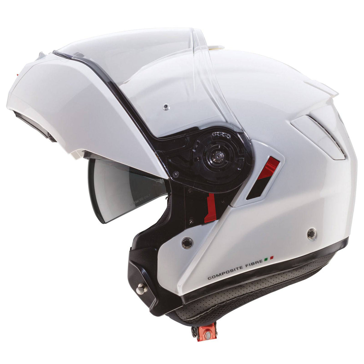 Weißer metallicer Caberg Levo X Klapphelm mit aerodynamischem Design und komfortabler Passform.