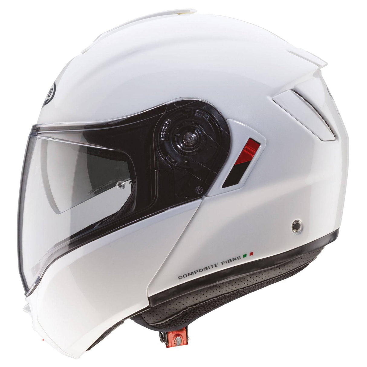 Weiß metallicer Caberg Levo X Klapphelm mit hellem Visier, leichter und moderner Motorradhelm für komfortables Fahren.