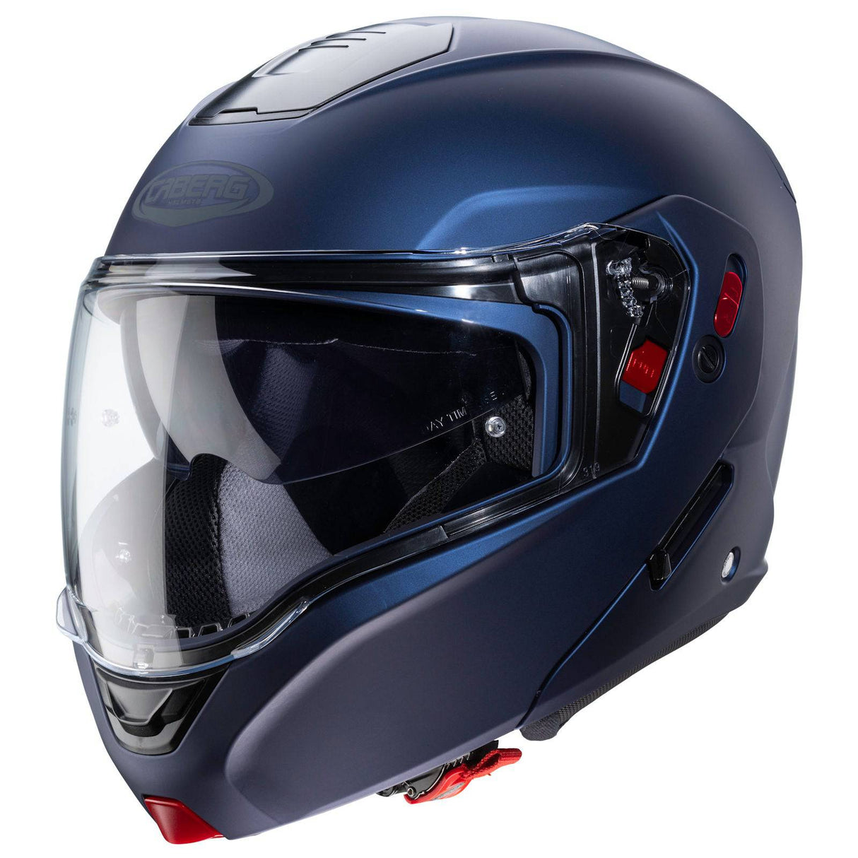 Matt-blauer Klapphelm Horus X von Caberg mit gelber Visierkante, elegantes Design und komfortabler Passform.