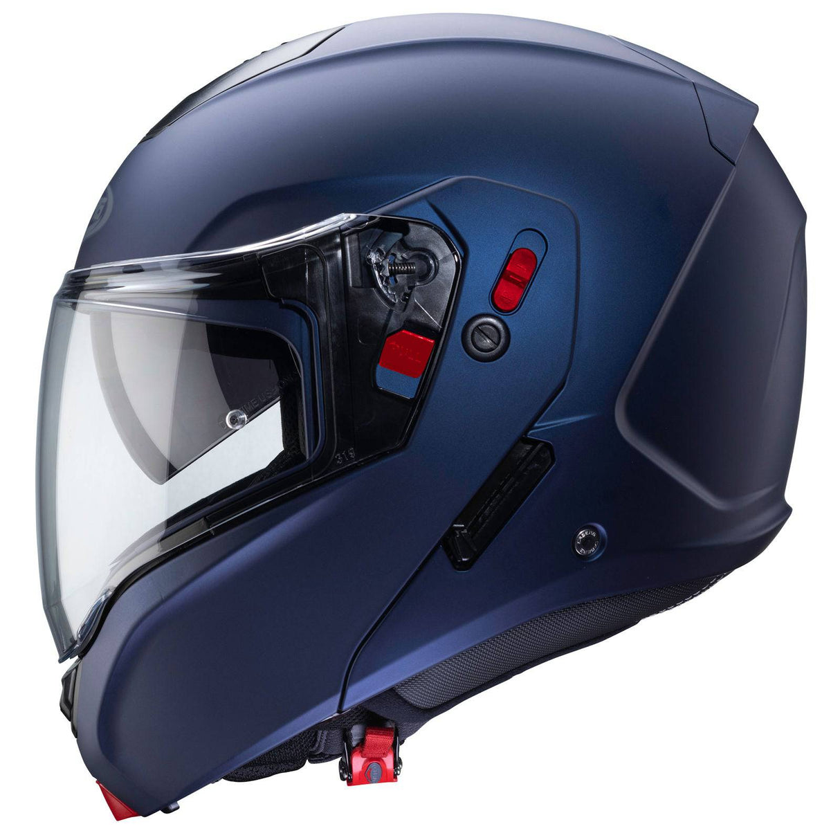 Matte blauer Caberg Horus X Klapphelm mit Yama-Design, Sichtfeld und Belüftung sichtbar.
