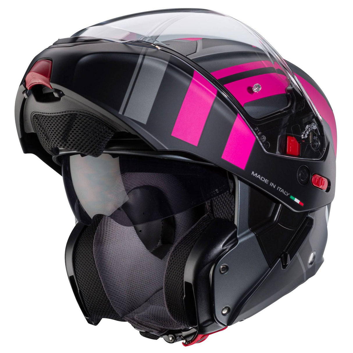 Matte Gun Metallic und Schwarz-Fuchsia Klapphelm von Caberg Horus X Road mit modernem Design und sicherer Passform.