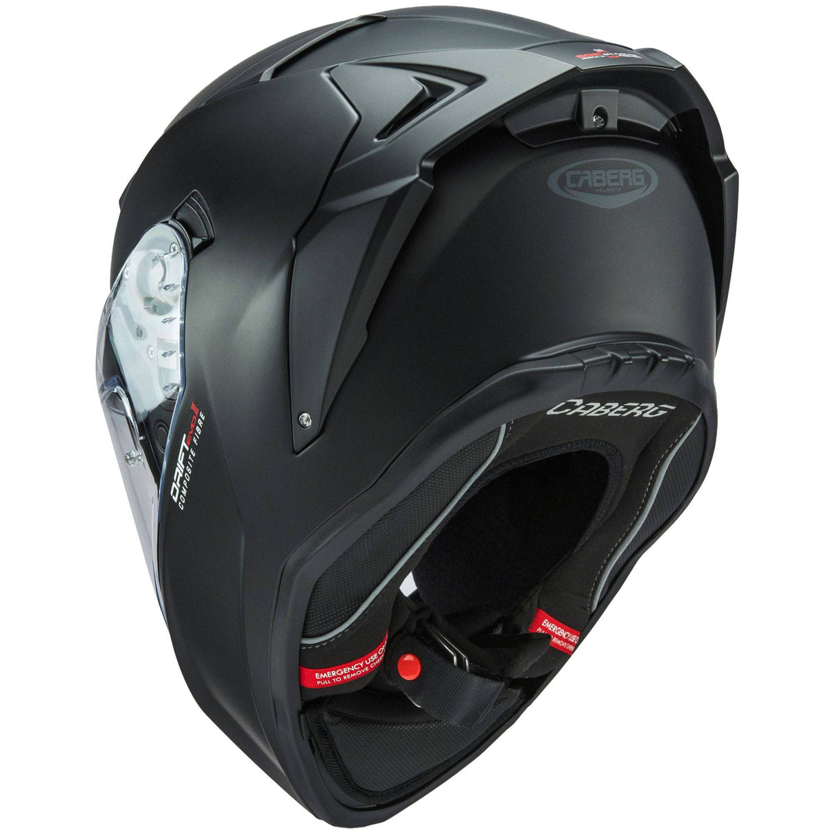 Matt-schwarzer Caberg Drift Evo II Integralhelm mit klarer Visier, komfortabler Passform und aerodynamischem Design.