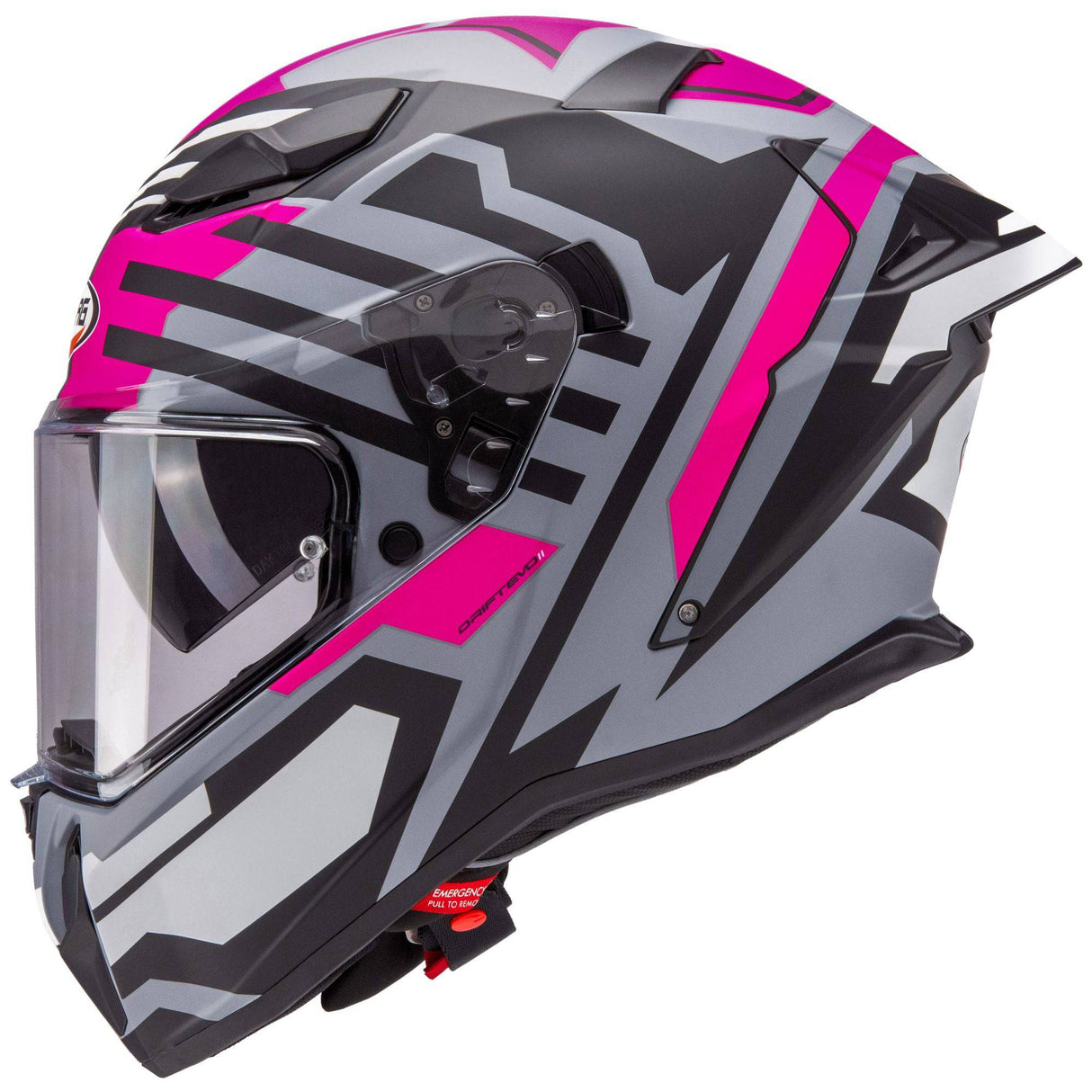 Integralhelm Caberg Drift Evo II Horizon in mattem Grau, Schwarz und Fuchsia mit Visier und Belüftungssystem.