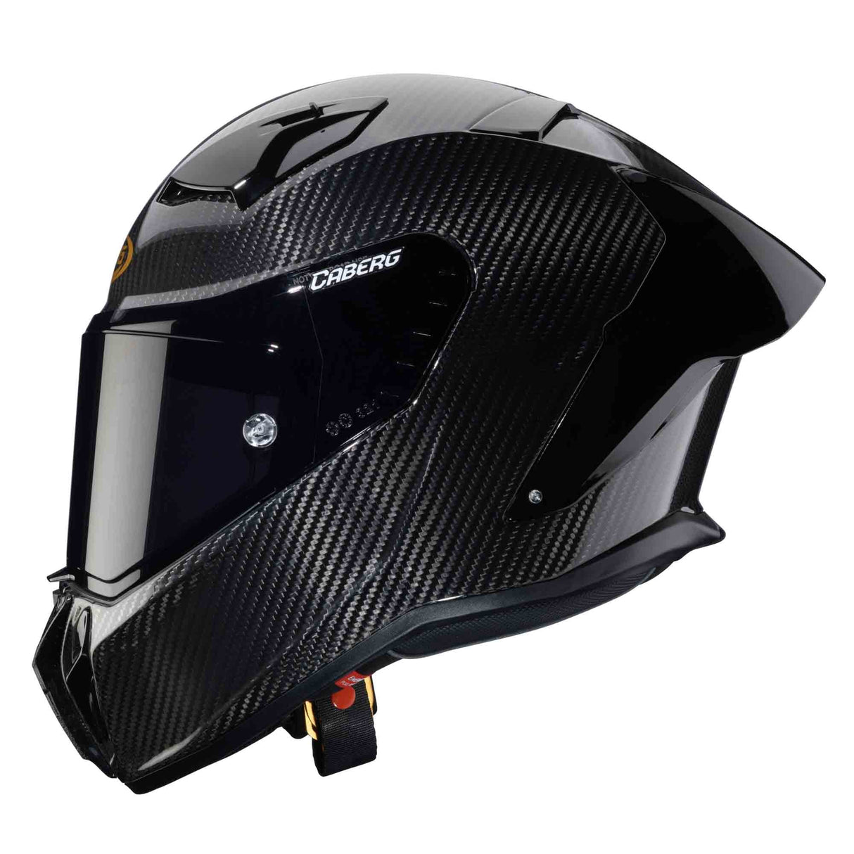 Schwarzer Carbon-Integralhelm Caberg GP01 mit aerodynamischem Design und Visier, auf weißem Hintergrund fotografiert.
