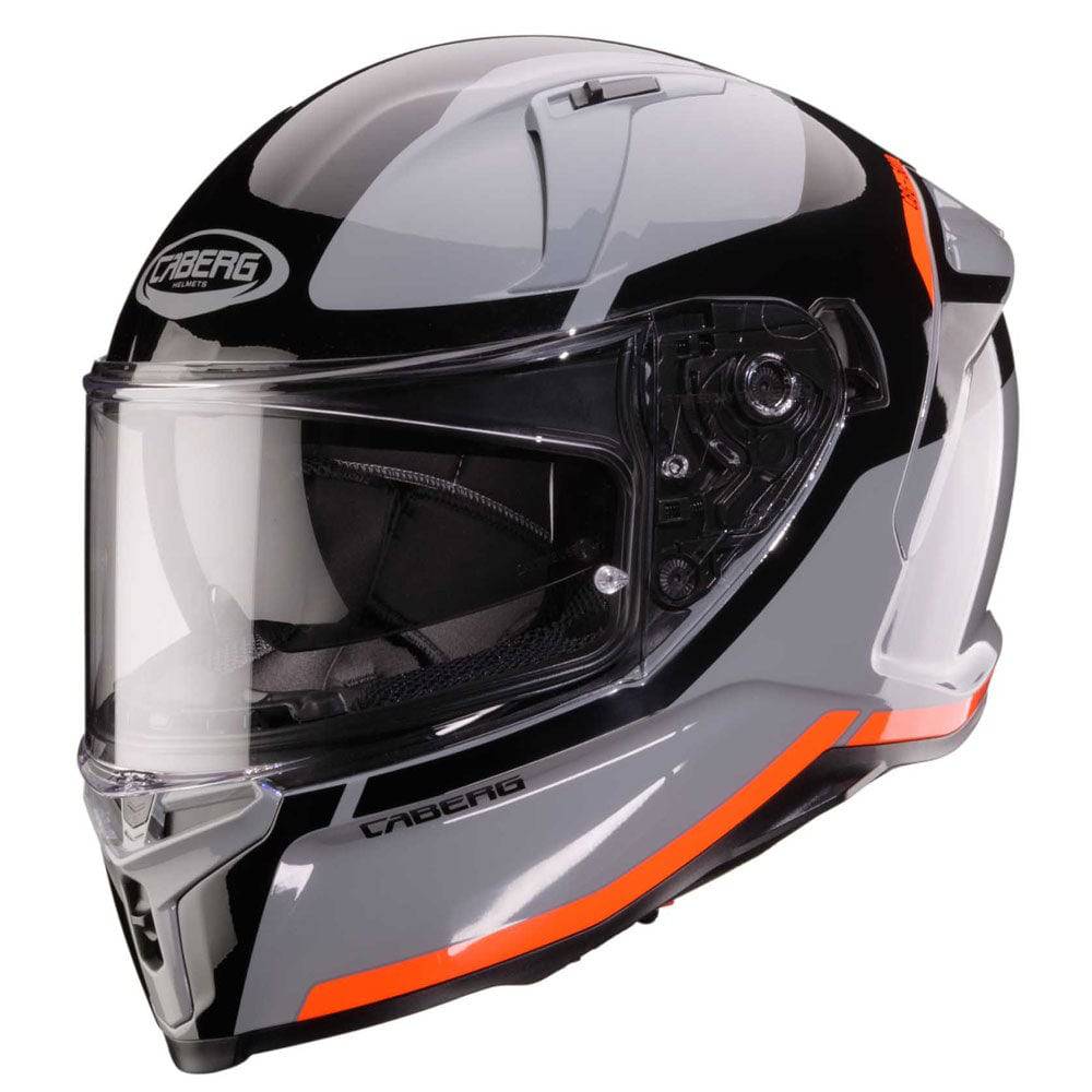 Grauer, schwarzer und fluo-roter Caberg Integralhelm Avalon X Pure mit aerodynamischem Design und klarer Visierabdeckung.