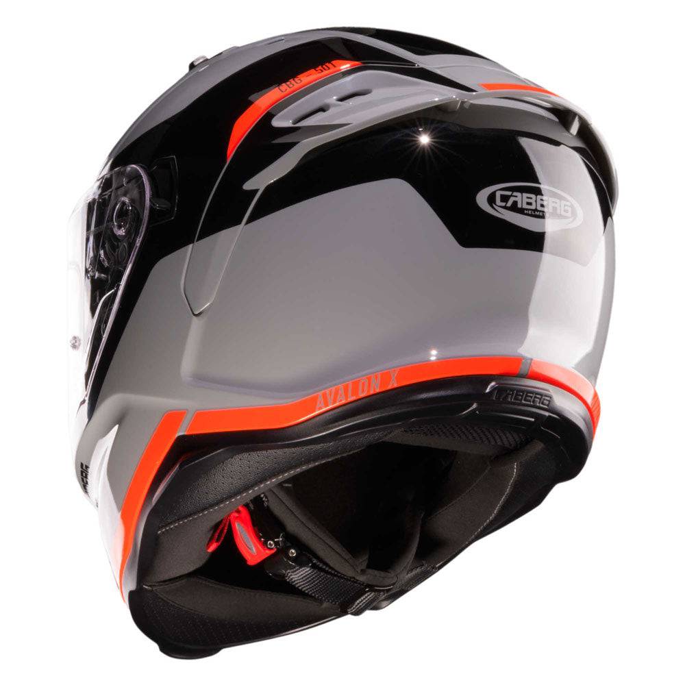 Grauer und schwarzer Caberg Avalon X Pure Integralhelm mit roten Fluo-Akzenten, Sichtfenster und Belüftungsöffnungen.