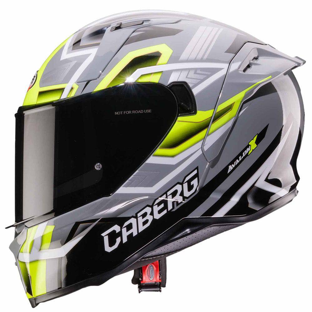 Grauer und schwarzer Caberg Avalon X Brama Integralhelm mit gelb-fluoreszierer Akzent, Sichtfeld und Belüftungsöffnungen sichtbar