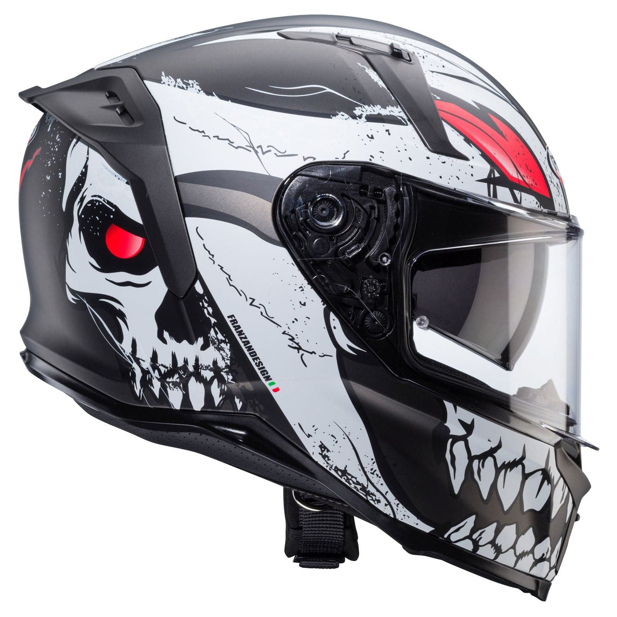 Caberg Avalon X Punk Integralhelm in mattem Grau, Schwarz und Rot mit aerodynamischem Design und Belüftungssystem.