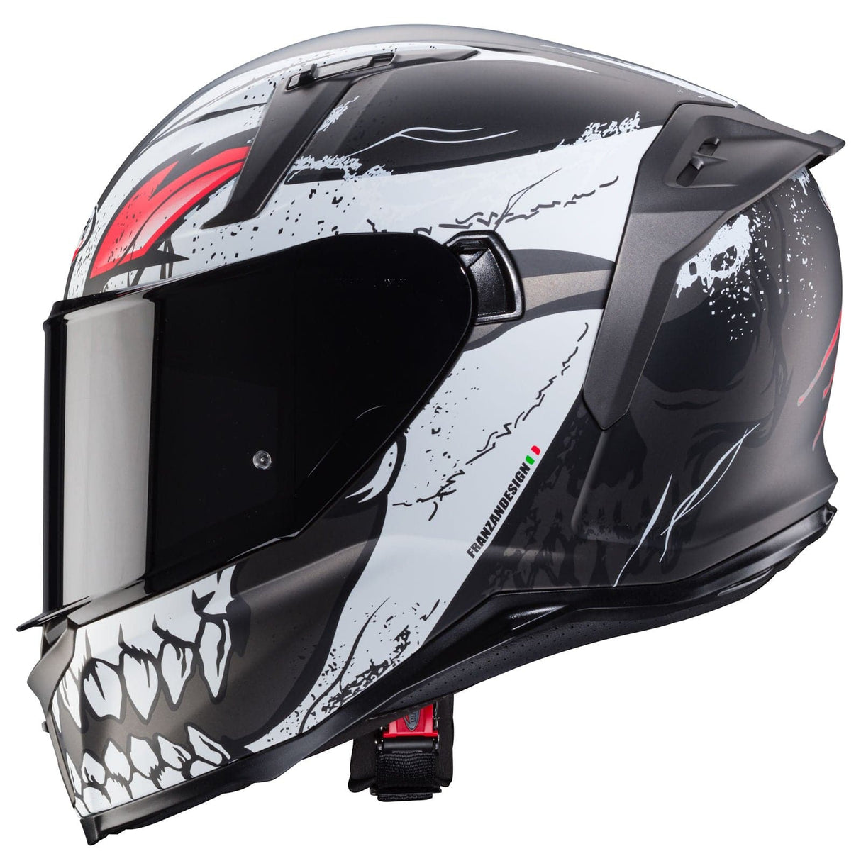 Mattegrauer und schwarzer Caberg Avalon X Punk Integralhelm mit roten Akzenten, klarer Visieröffnung und modernem Design.