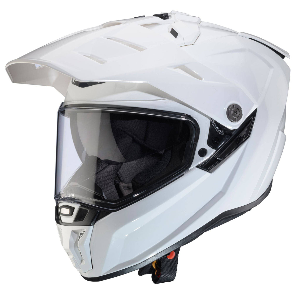 Endurohelm Caberg Tanami in weiß metallic, mit Visier und Belüftungssystem, auf einem neutralen Hintergrund.