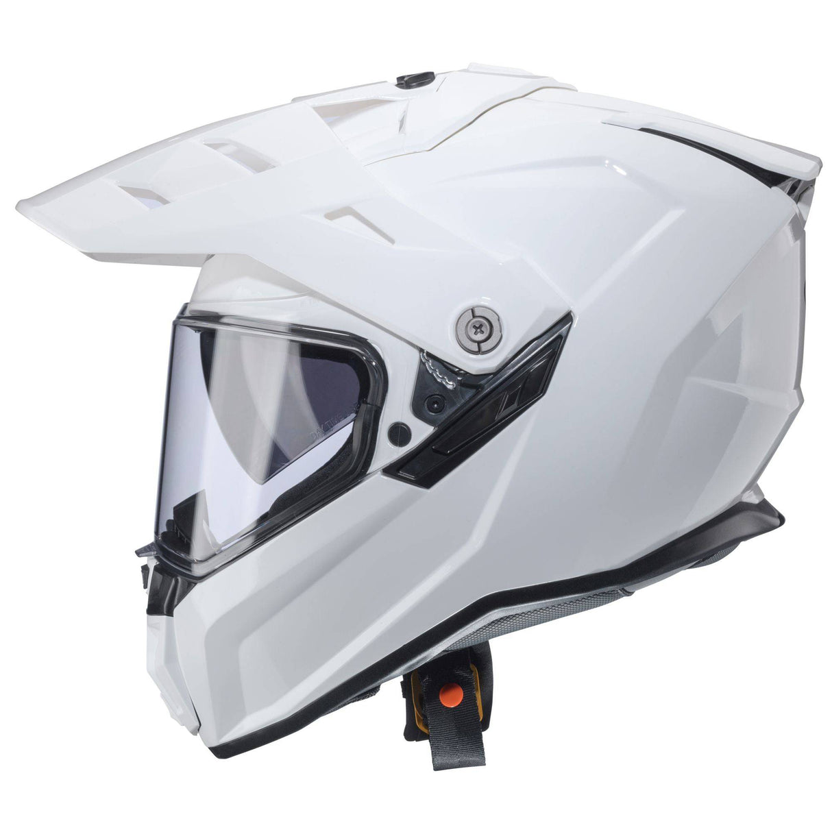 Endurohelm Caberg Tanami in weiß mit metallic Akzenten, leichtes und robustes Design, Sichtfeld und Belüftung sichtbar