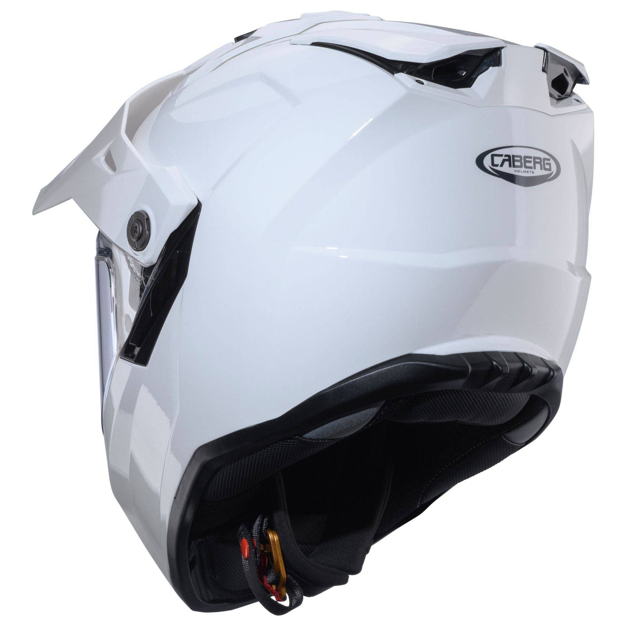 Weißer metallicer Caberg Tanami Endurohelm mit klarem Visier und Belüftungsöffnungen, für sicheren Schutz beim Offroad-Fahren.