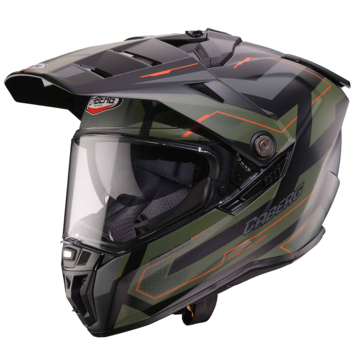 Matt-schwarzer und militärgrüner Caberg Endurohelm Tanami Ranger mit schwarzer Visier und Belüftungsöffnungen, robustes Design.