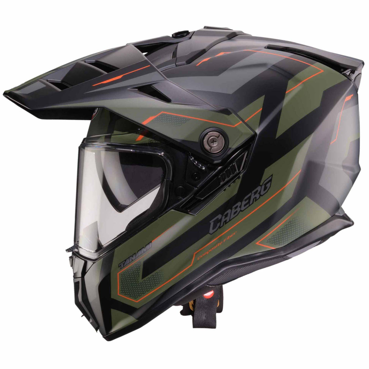 Matte schwarze und militärgrüne Caberg Enduro-Helm Tanami Ranger mit Visier und Belüftungsöffnungen, langlebiges Motorradzubehör.
