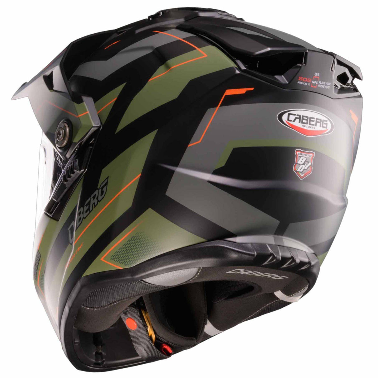 Matt-schwarzer und militärgrüner Endurohelm Caberg Tanami Ranger mit Schutzvisier und robustem Design.