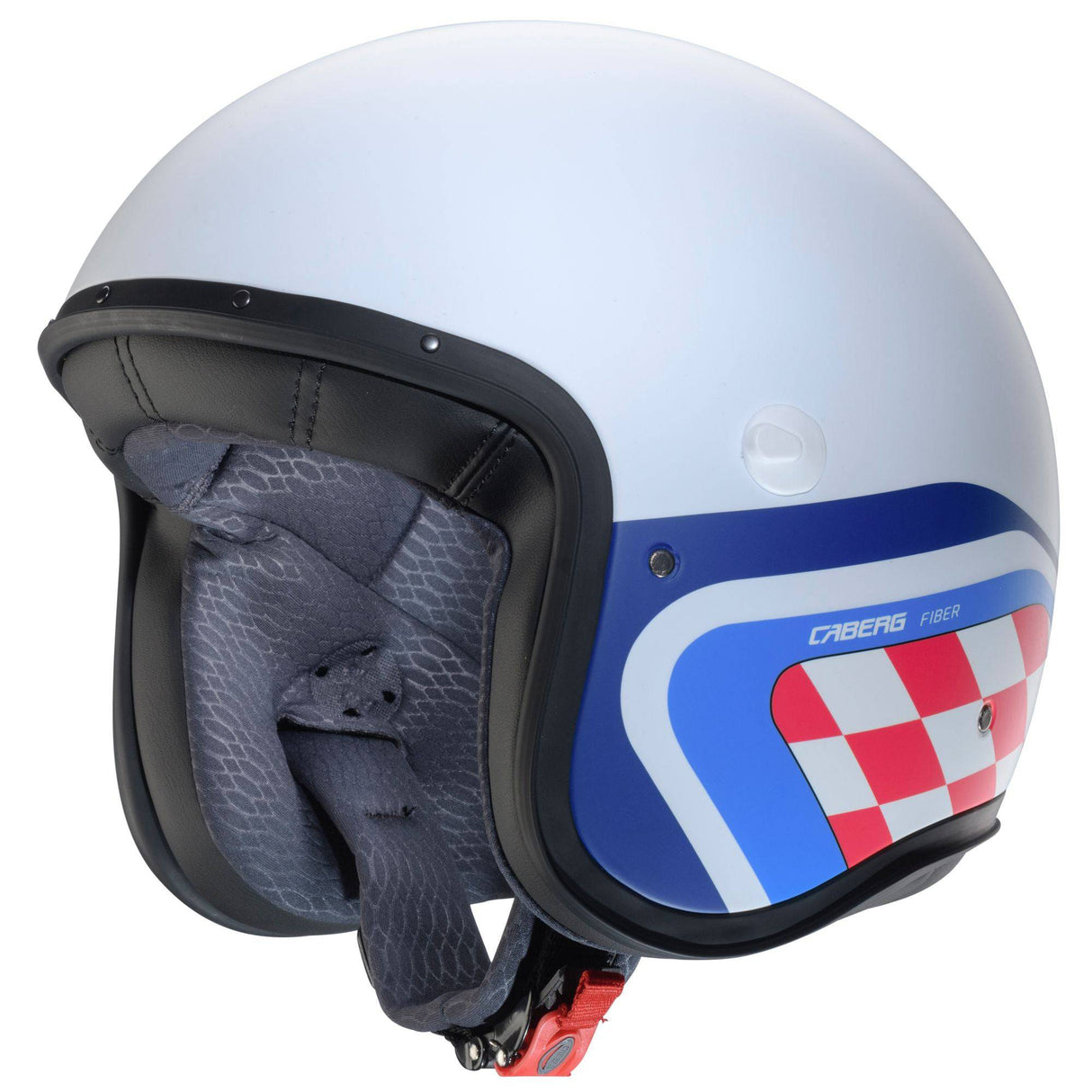 Mattweißer und blauer Rot Jethelm von Caberg Freeride X Daytona, mit klarer Sichtscheibe und bequemer Passform.