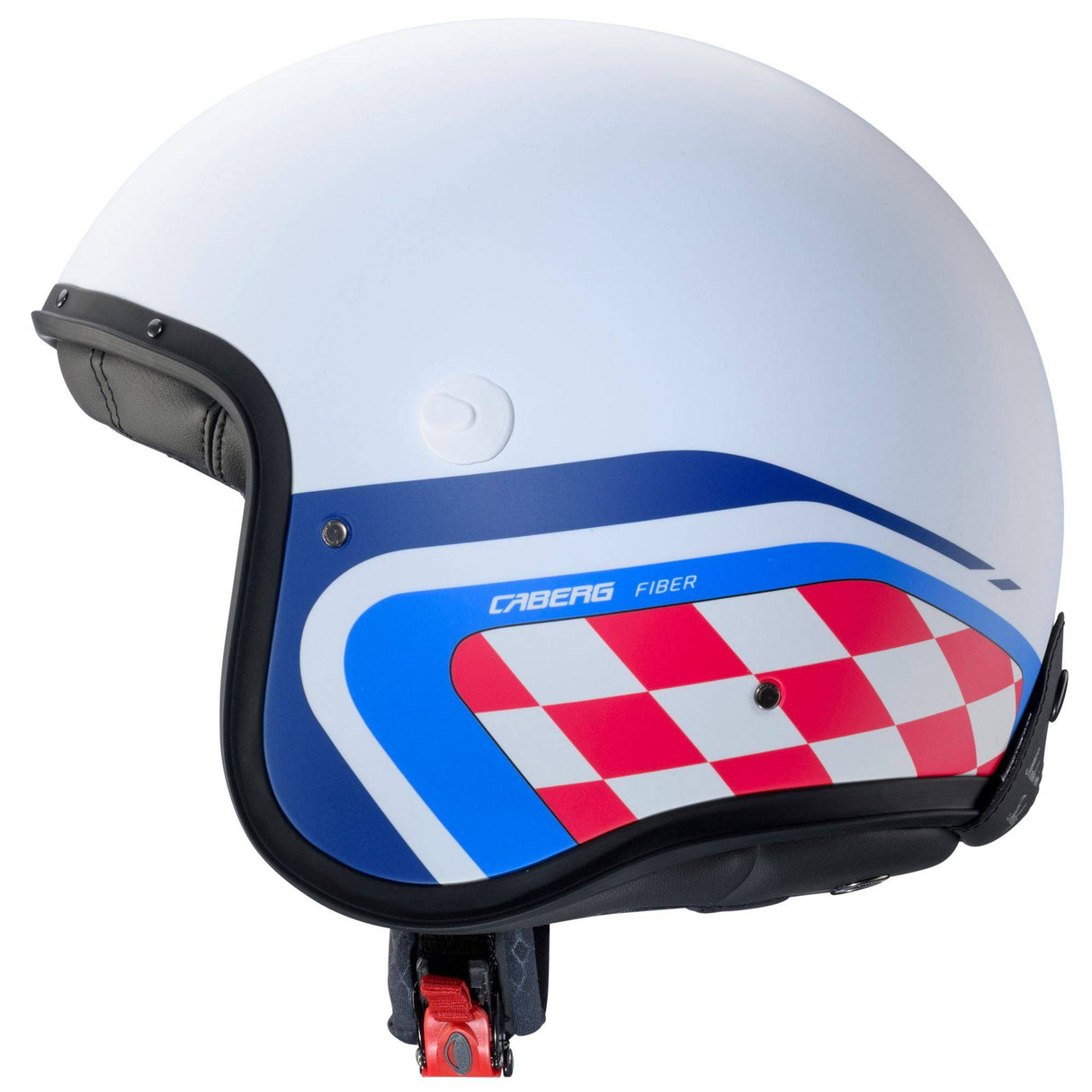 Mann trägt den Caberg Freeride X Jethelm in mattem Weiß, Blau und Rot, mit Visier und komfortabler Passform.