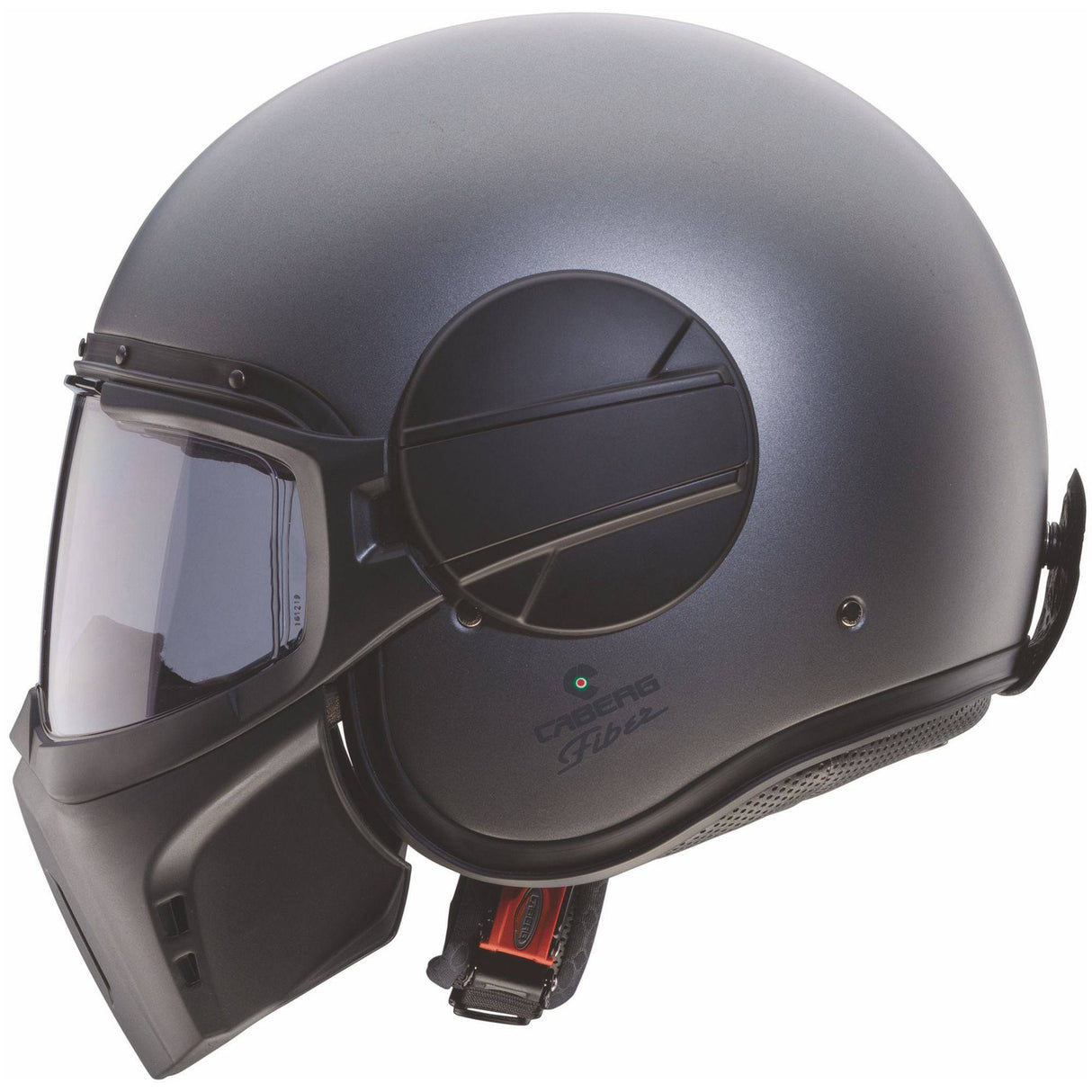 Matt-gun metallic Jethelm von Caberg Ghost X mit aerodynamischem Design und klarem Visier, ideal für stilvolle Sicherheit.