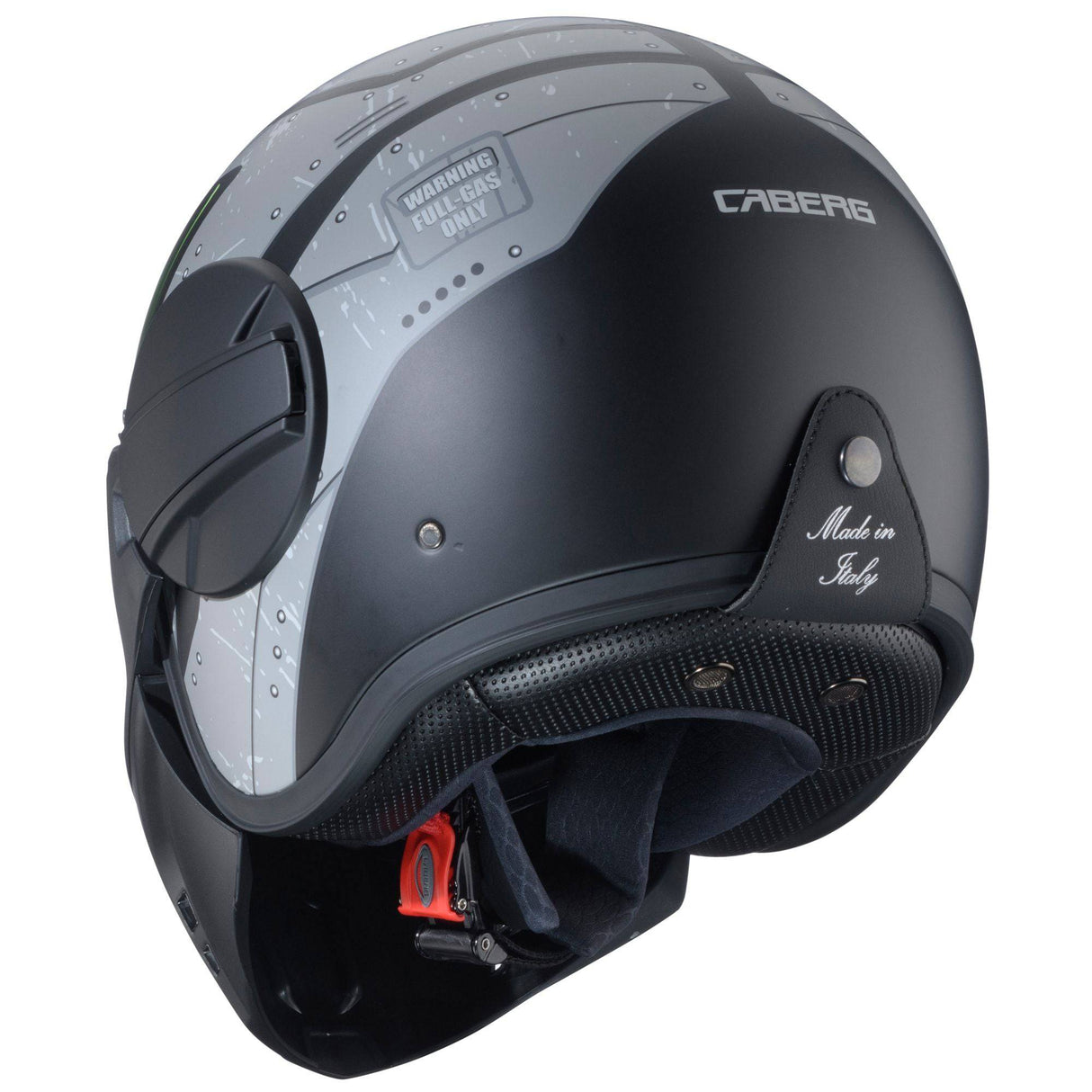 Schwarze, matte Caberg Ghost X Vyrus Jethelm mit Grau- und Fluo-Grün-Details, strapazierfähiges Design, Schutz und Komfort