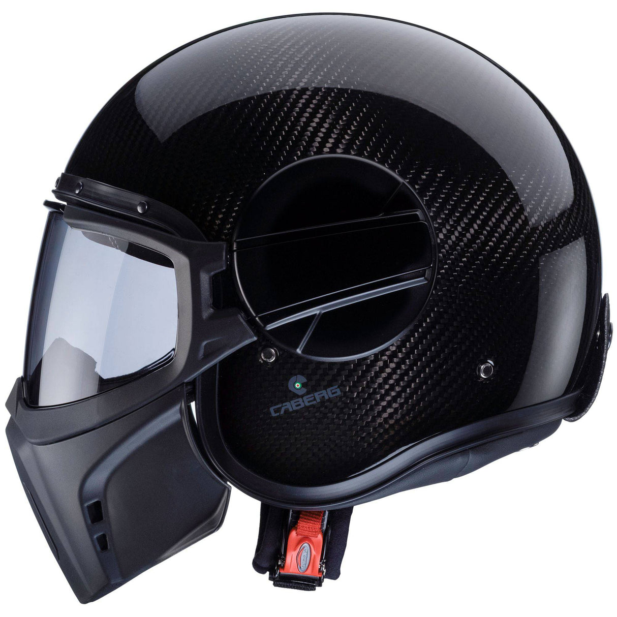 Schwarzer Jethelm Ghost X Carbon von Caberg mit sichtbarem robustem Carbon-Design und klarer Visierverkleidung.