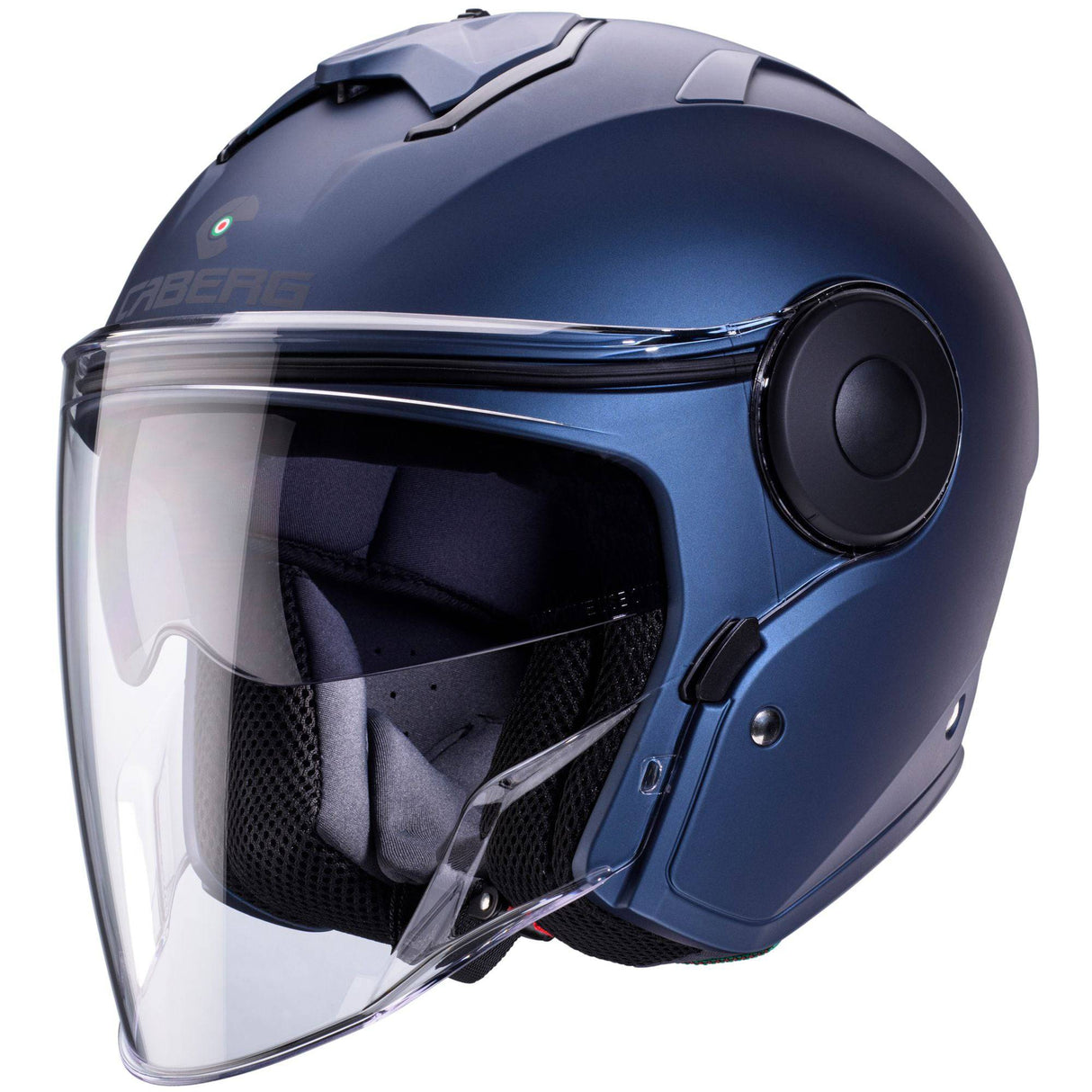 Mattblaue Jethelm von Caberg Soho mit klarer Visier und aerodynamischem Design, bequemes Innenfutter, leichtes Gewicht.